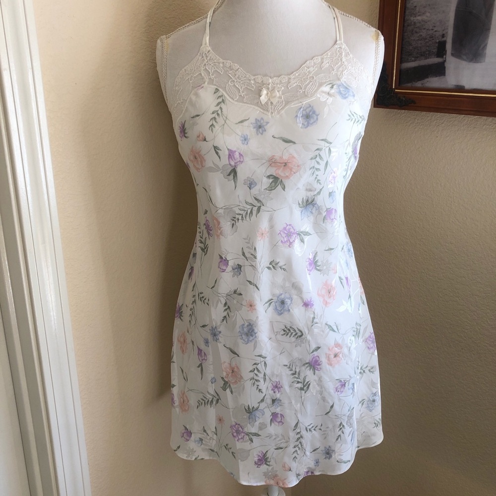 Floral Lace Trim White Slip Dress - Women's Intimates